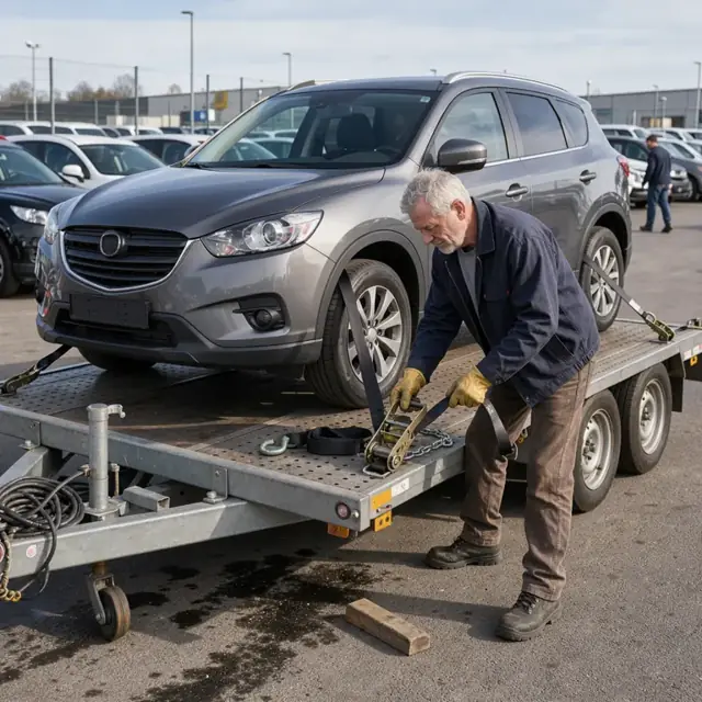 a worker securing tie-down straps on a flatbed trailer loaded with a new SUV at a wholesale vehicle yard