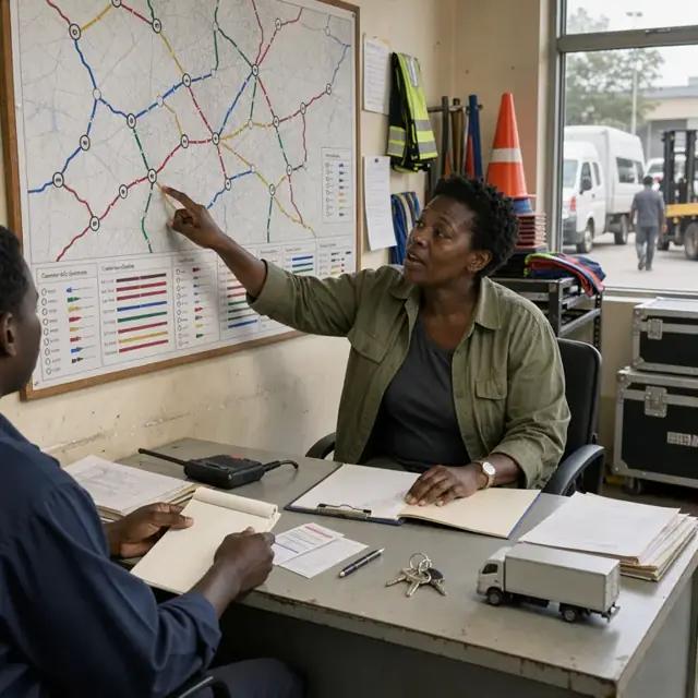 a worker at a desk pointing at a large wall map marked with vehicle transport routes and carrier timelines