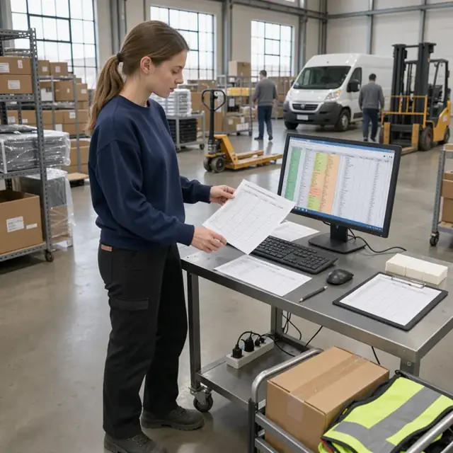 a worker standing at a high desk examining spreadsheets on a monitor beside printed manufacturer order forms
