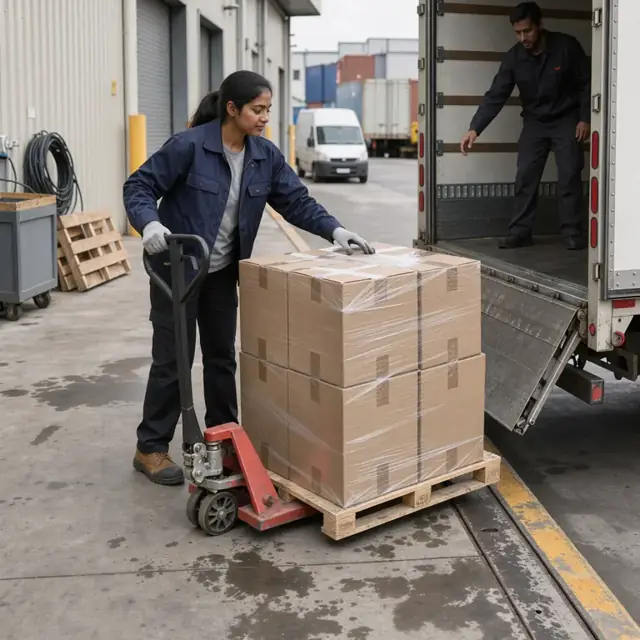 a loading dock with a worker guiding a pallet jack loaded with shrink-wrapped boxes of auto parts onto a truck liftgate