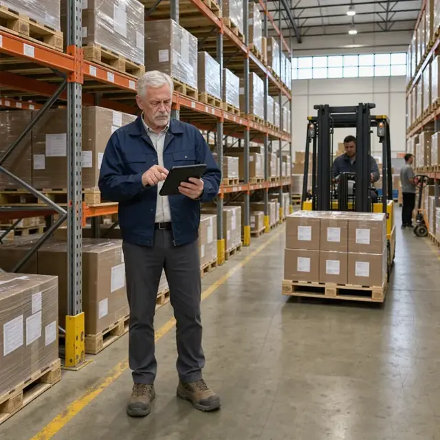 a warehouse manager standing at a pallet rack reviewing a tablet inventory list while a forklift brings in new boxes
