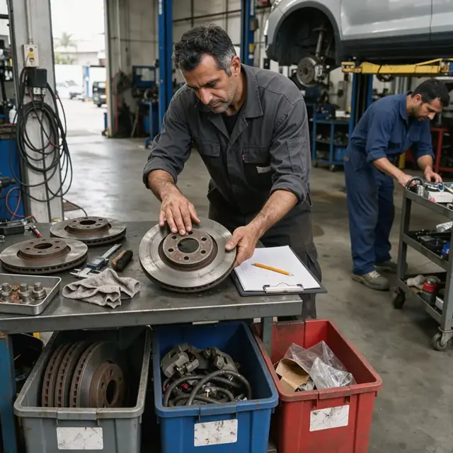a worker at a workbench inspecting returned brake rotors and entering details on a clipboard beside labeled return bins