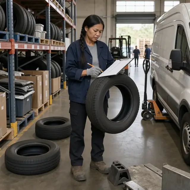 a worker standing in a warehouse aisle holding a tire to read its sidewall markings while completing a checklist on a clipboard