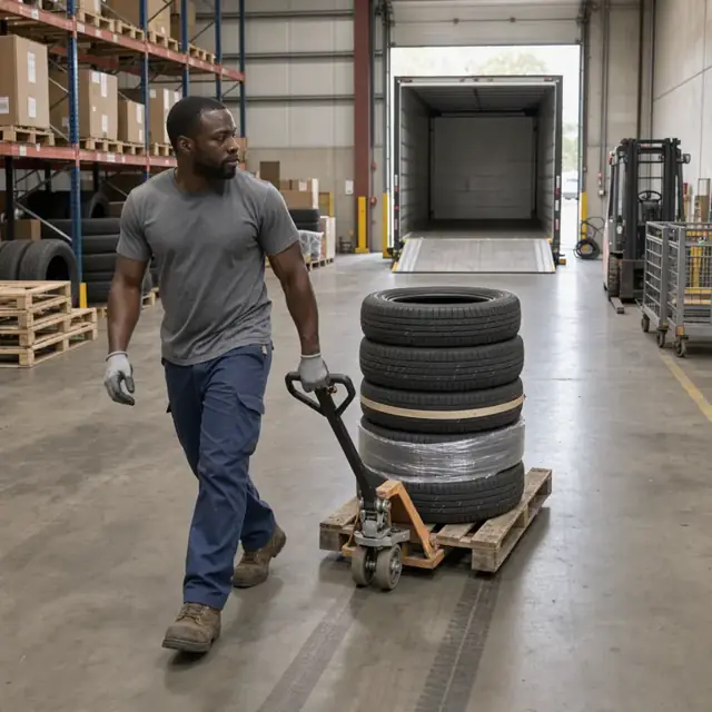 a worker using a manual pallet jack to move a tall stack of tires down a wide warehouse aisle toward an open trailer at the loading dock