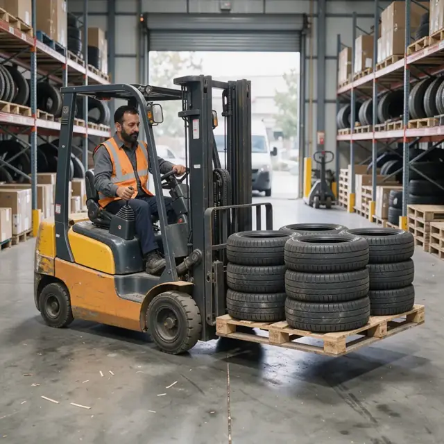 a worker driving a forklift to lower a pallet loaded with tires onto the concrete floor of a warehouse dock area lined with tall metal storage racks