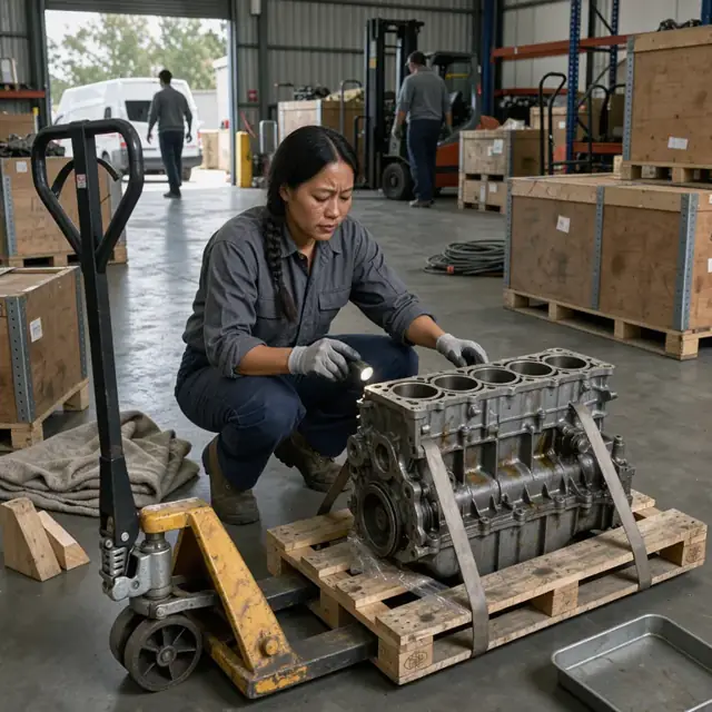 a worker inspecting a returned engine block on a pallet jack in a shipping area surrounded by stacked wooden crates