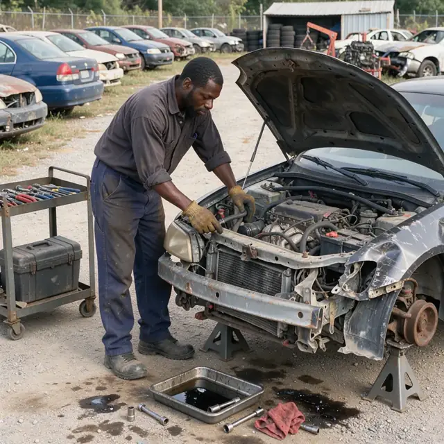 a worker wearing work gloves inspecting the engine bay of a wrecked sedan raised on jack stands in an outdoor salvage yard