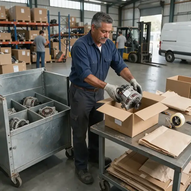 a warehouse worker pulling a labeled alternator from a tall metal bin and placing it into a cardboard shipping box on a packing table