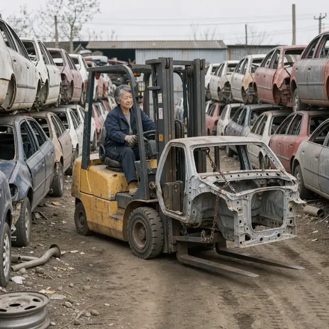 a worker using a forklift to move a stripped vehicle frame between rows of stacked salvaged cars in a large outdoor yard