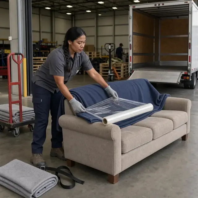 a warehouse worker wrapping a large upholstered sofa in moving blankets before loading it onto a truck at a loading dock