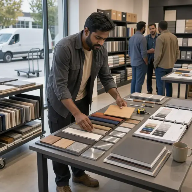 a worker arranging fabric swatches and finish samples on a large table next to open product binders in a showroom
