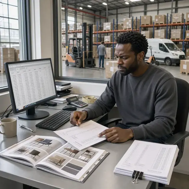 a warehouse office desk with open furniture catalogs, a computer screen showing item numbers and a stack of printed customer purchase orders