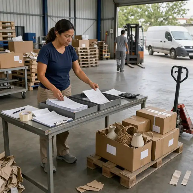 a worker organizing stacks of shipping documents and customs forms at a desk beside a pallet of boxed home decor items