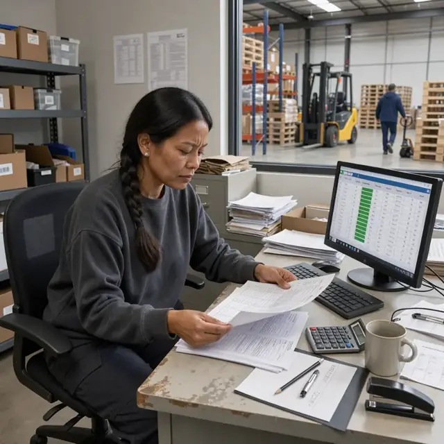 a worker at a desk reviewing printed purchase orders next to a computer screen showing inventory levels in a warehouse office