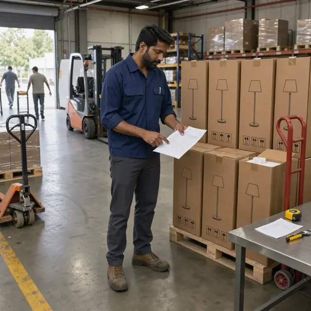 a worker checking stacked boxes of new floor lamps against a printed purchase order in a receiving dock area