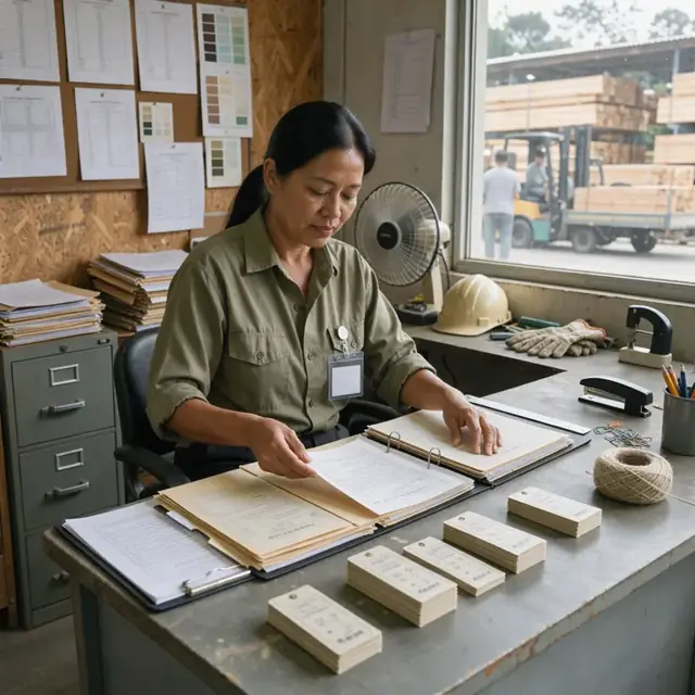 a worker organizing mill certificates and lumber grade tags at a desk inside a lumber yard office