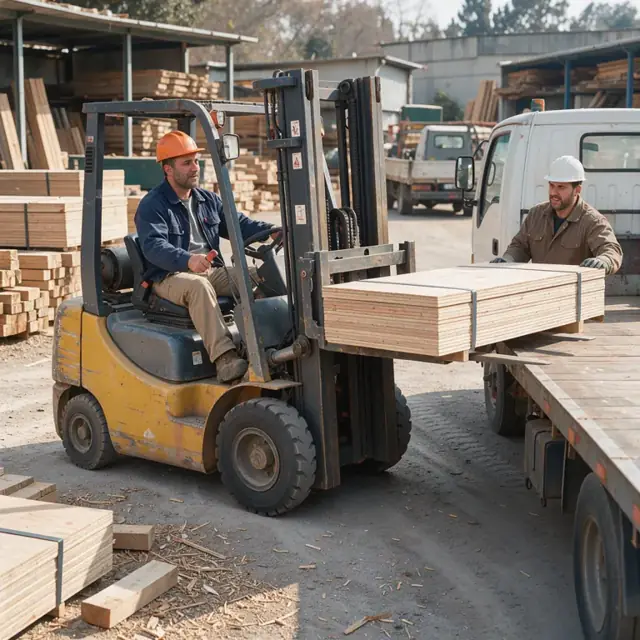 a forklift operator lifting a banded bundle of plywood onto a flatbed trailer in a lumber yard