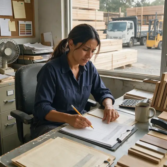 a worker at a desk inside a lumber yard office reviewing order paperwork with stacks of lumber visible through the window