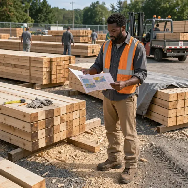 a worker reviewing lumber stacks in an outdoor yard while holding a printed seasonal forecast report