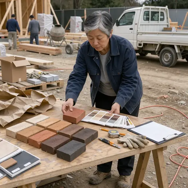a contractor reviewing a stack of delivered brick samples and color charts at a job site with a pickup truck in the background