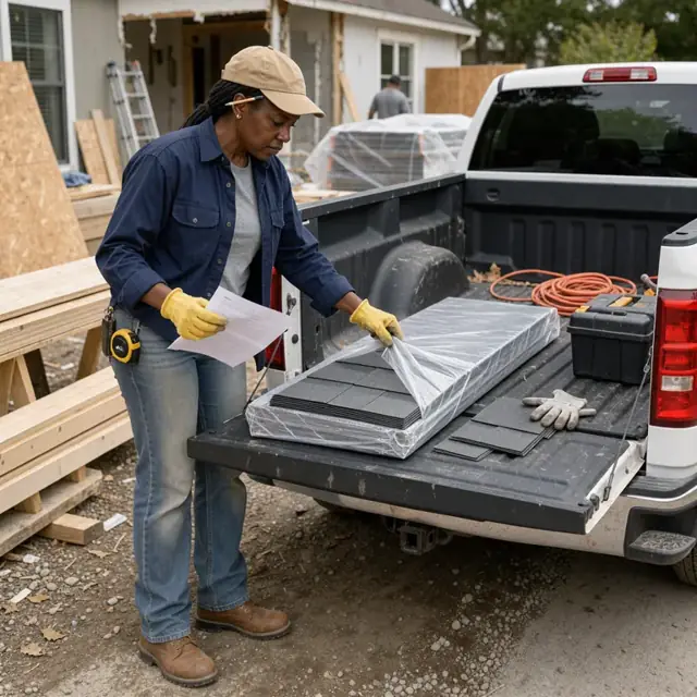 a contractor standing at the open tailgate of a pickup truck reviewing a delivered bundle of roofing shingles outside a job site