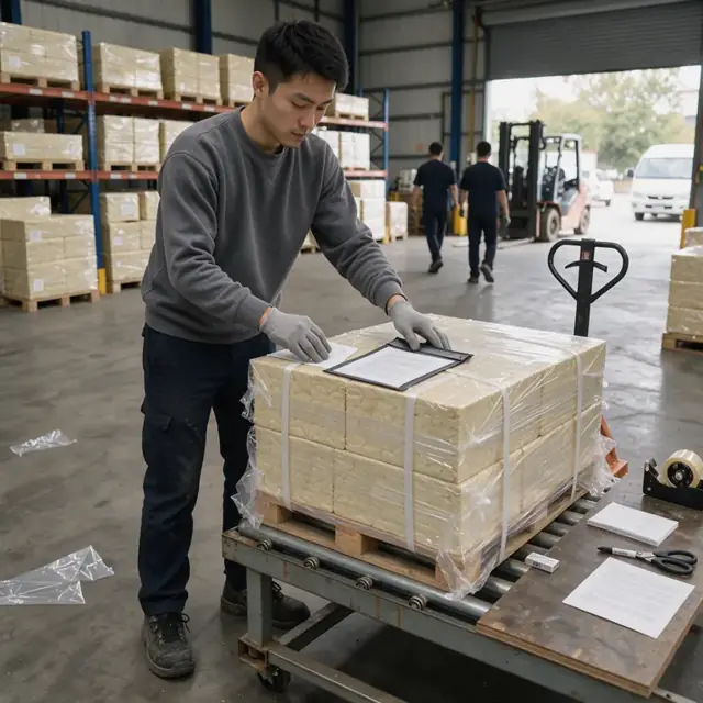 a worker attaching labels and documents to a pallet of insulation batts on a warehouse packing table