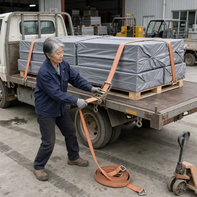 a worker securing straps over a flatbed truck loaded with bundles of roofing materials at a warehouse yard