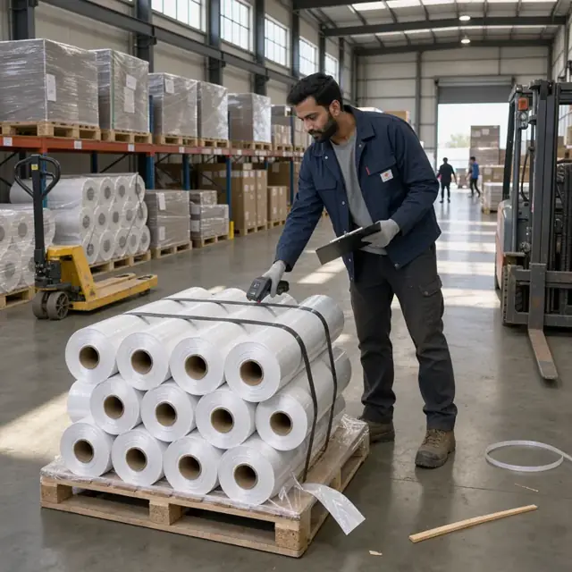 a worker using a scanner to count rolls of housewrap on pallets inside a well-lit warehouse aisle