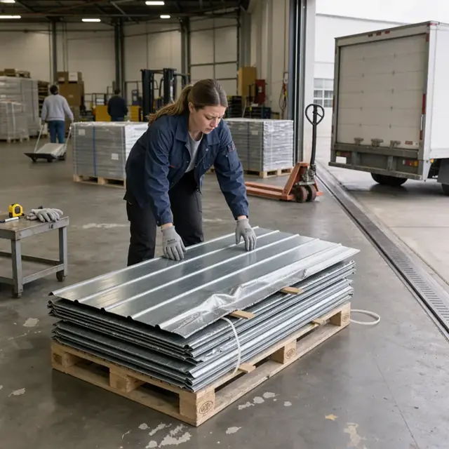 a worker inspecting a stack of returned metal siding panels for damage on a warehouse receiving dock