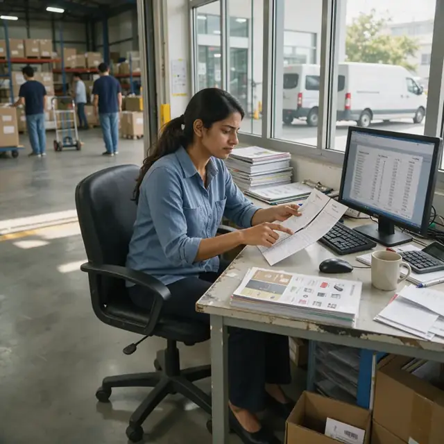 a worker at a desk comparing delivery tickets against an invoice on a computer screen with stacks of product catalogs nearby