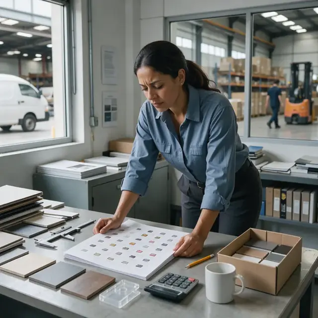 a worker reviewing printed price sheets and product samples spread across a desk in a warehouse office