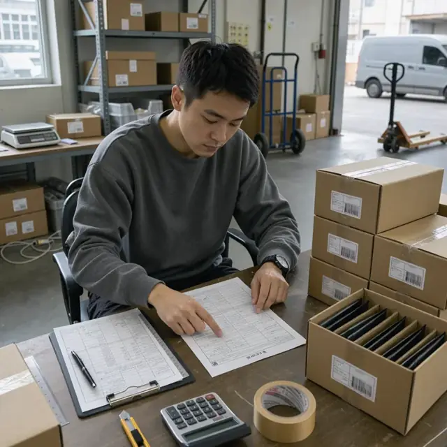 a worker reviewing printed customs forms and product specification sheets at a desk beside stacked boxes of photographic paper