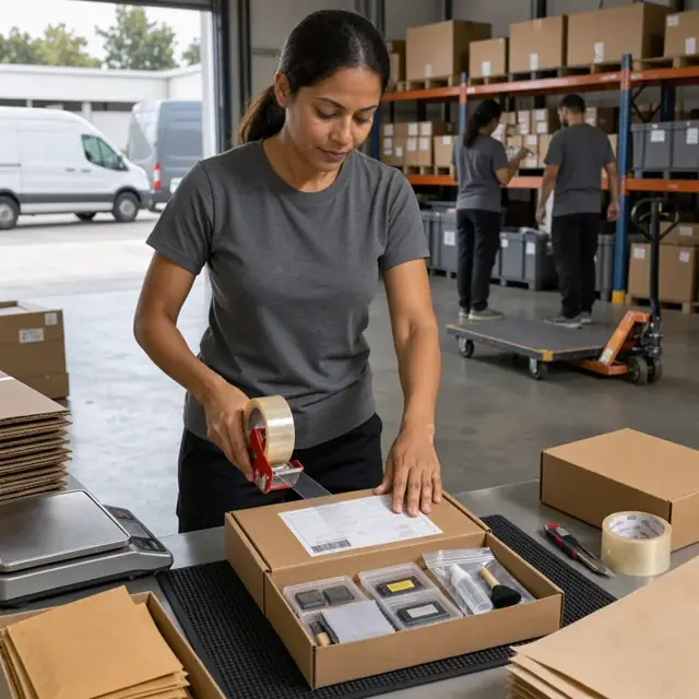 a worker standing at a packing station taping a shipping label onto a box containing memory cards and lens cleaning kits