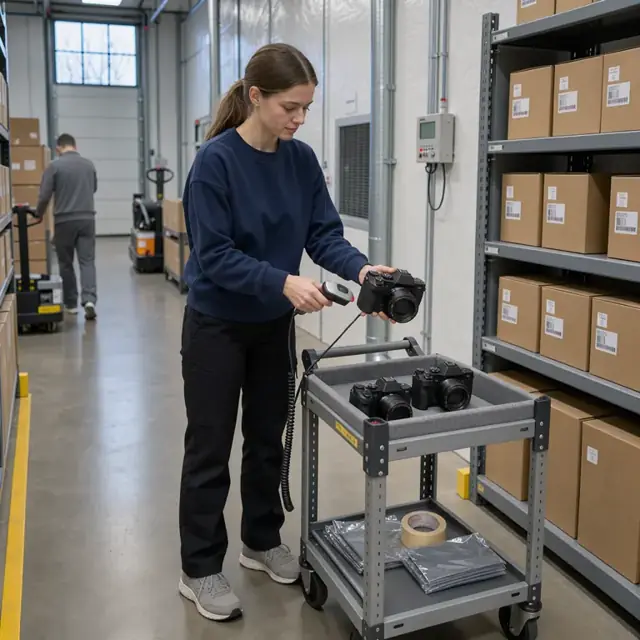a worker in a climate-controlled storeroom scanning the serial number on a new mirrorless camera body before placing it on a shelf next to boxed lenses