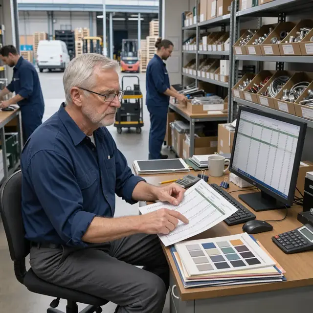 a worker comparing printed supplier price sheets against values on a computer screen in an office with product sample shelves in the background