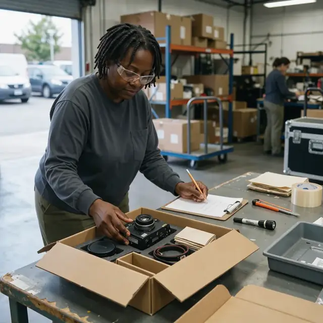 a worker at a workbench carefully unpacking a returned camera from its shipping box and noting its serial number on a clipboard