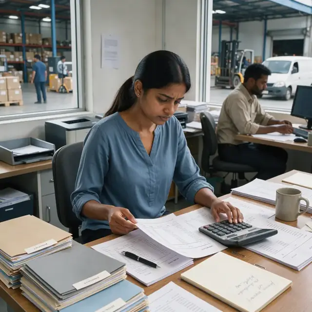 a worker reviewing printed invoices and aging reports at a desk with a calculator and stacks of vendor folders