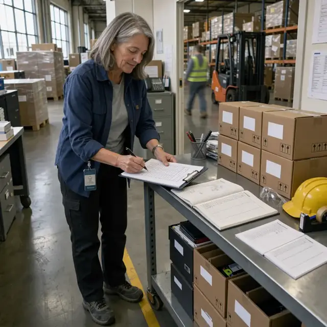 a worker in a warehouse office updating a clipboard checklist next to a row of stacked toner cartridge boxes and a forklift safety log