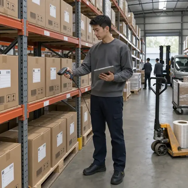 a worker scanning barcodes on boxed office printers stacked on warehouse shelving before updating a tablet