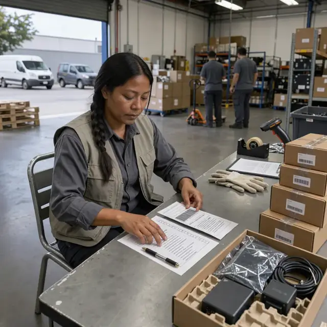 a worker at a desk checking a shipping label against a printed compliance checklist next to a stack of electronics boxes