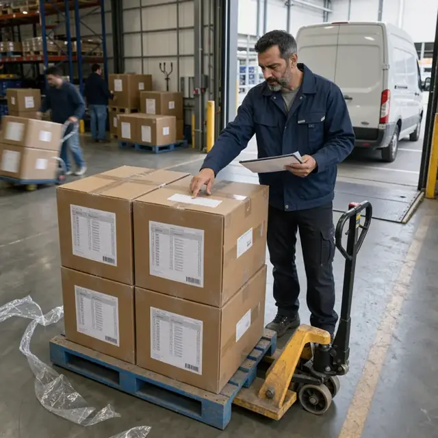 a worker comparing a stack of incoming server boxes against an open purchase order on a tablet in a warehouse receiving bay