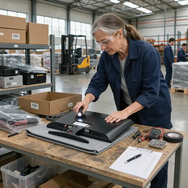 a worker in a warehouse inspecting a returned monitor on a workbench with tools and a serial number log sheet