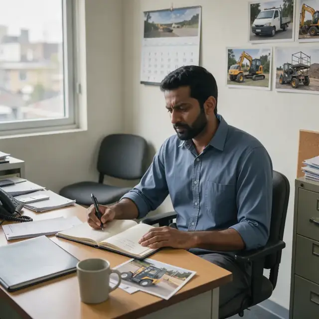 a worker reviewing a wall calendar and equipment photos while preparing a follow-up note at a desk in a quiet office