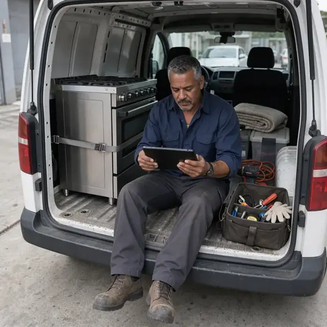 a worker in a service van reviewing a tablet with a large stainless steel range and tool bag visible in the cargo area