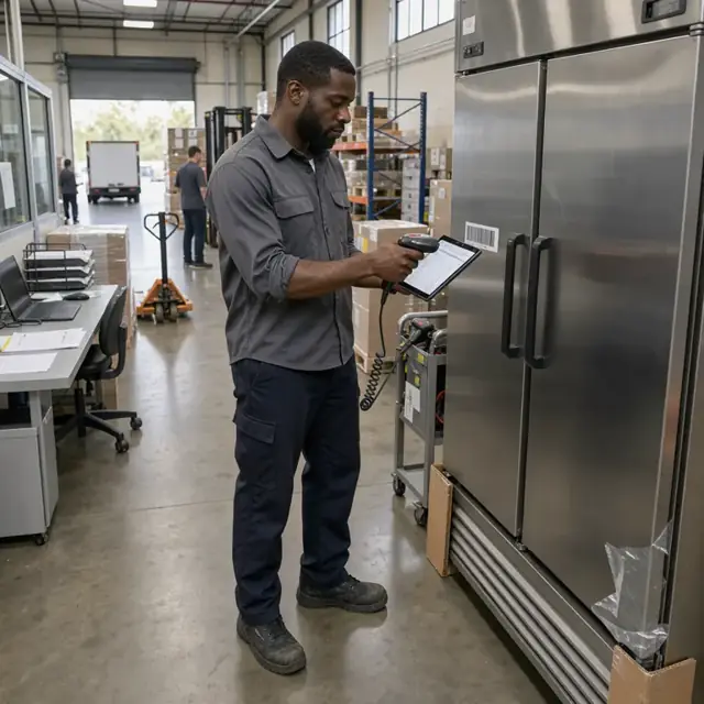 a worker in a warehouse office scanning a barcode on a large commercial refrigerator while checking an order manifest on a tablet