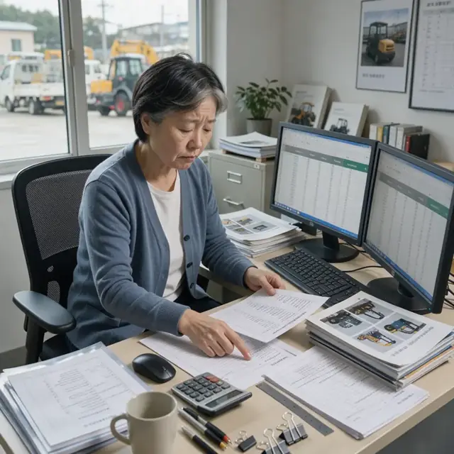 a worker at a desk comparing supplier price sheets to an open purchase order on dual monitors next to a stack of equipment brochures