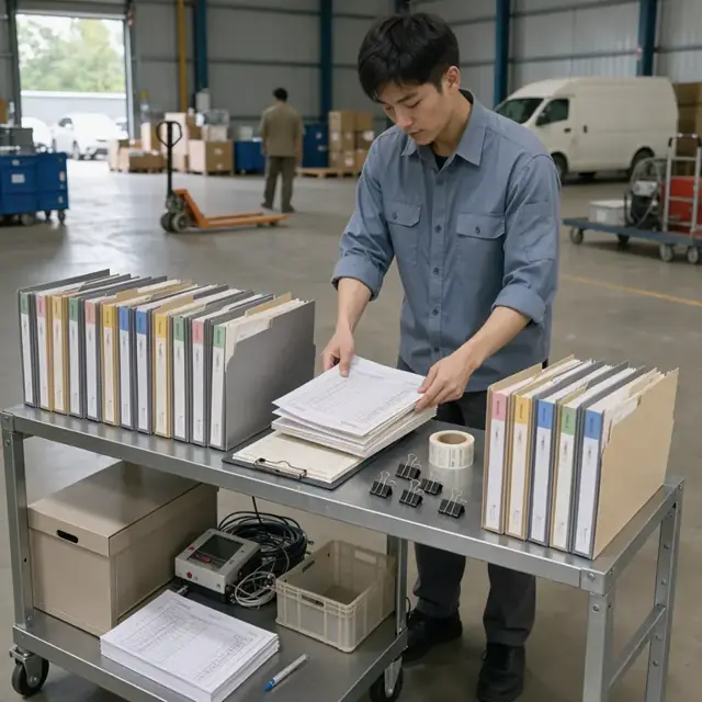 a worker organizing stacks of certificates of analysis and temperature recorder printouts into clearly labeled archival folders on a metal shelf