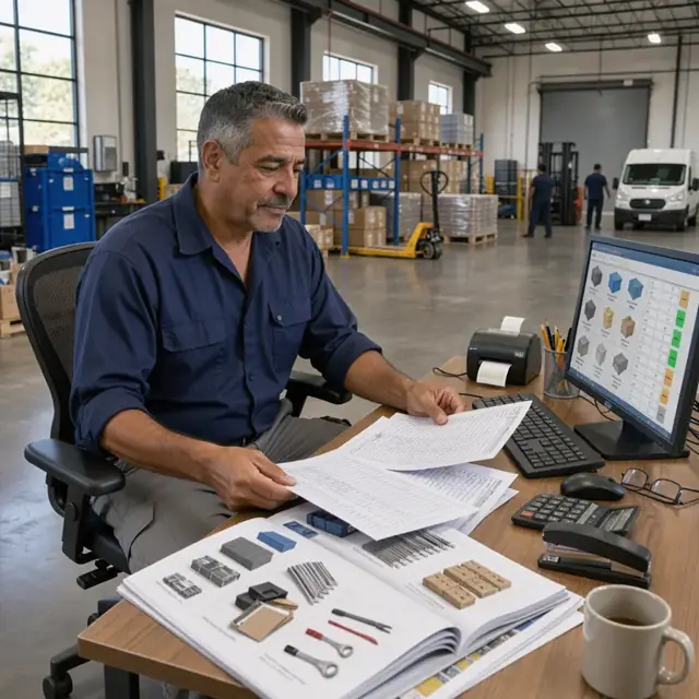 a worker at a warehouse office desk reviewing printed order forms and product catalogs on a computer screen showing item availability