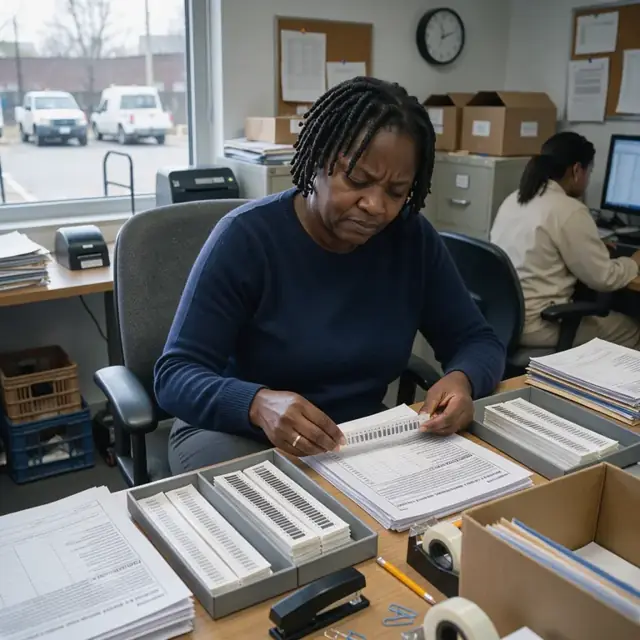a worker at a desk sorting through printed recall notices and matching them to stacks of product lot labels in a quiet office