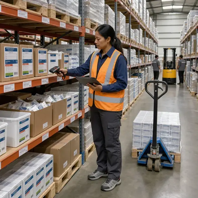 a worker in a warehouse aisle scanning barcodes on shelves of boxed medical supplies while consulting a tablet inventory list